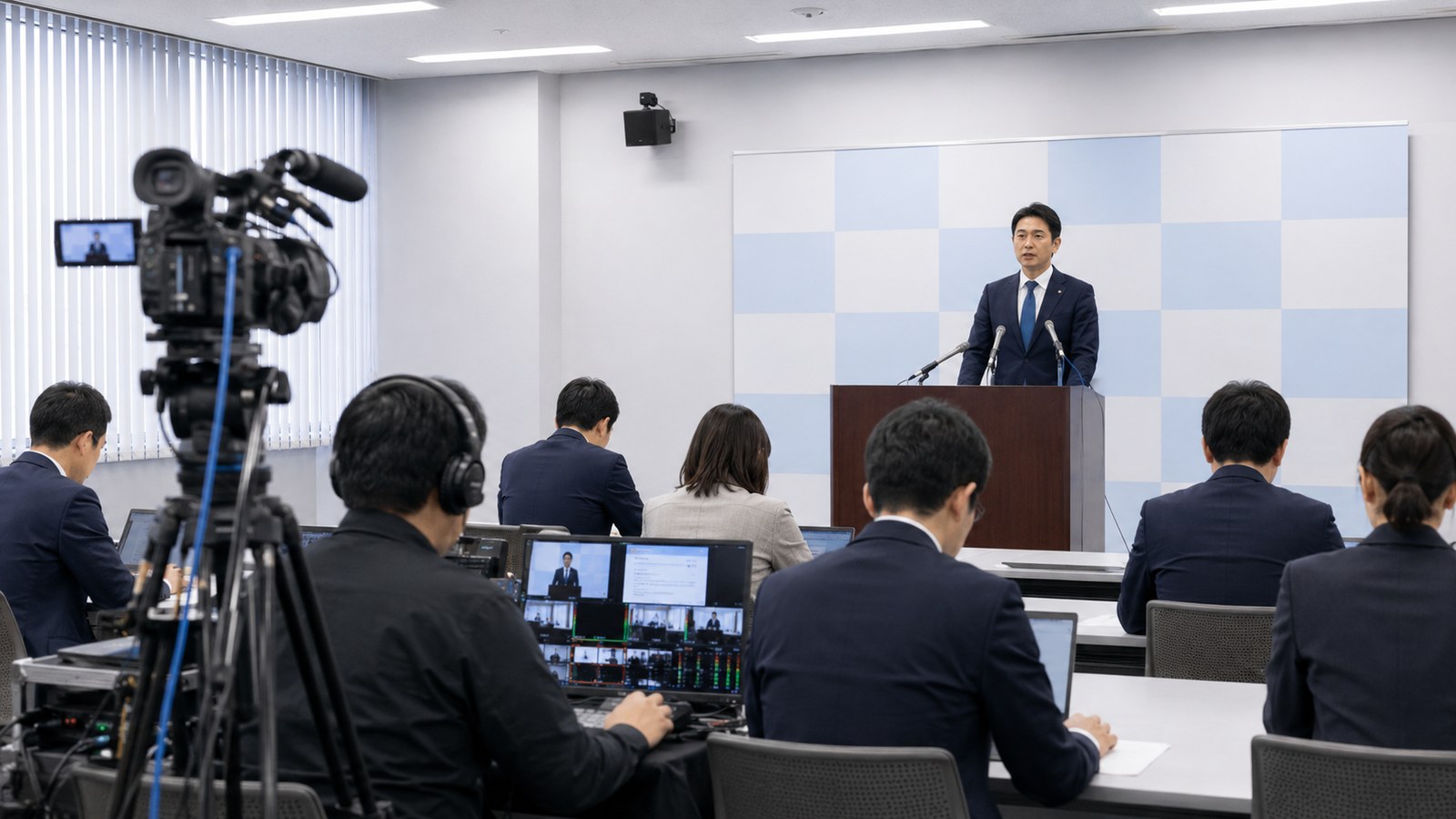 官公庁主催のオンライン記者説明会を想起させる配信現場イメージ