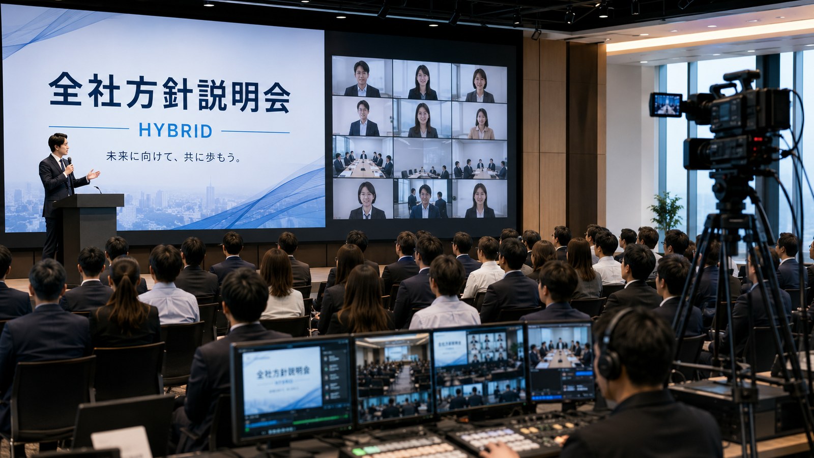 全社方針説明会 ハイブリッド配信を想起させる配信現場イメージ