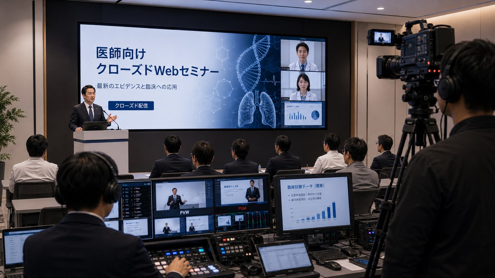 医師向けクローズドWebセミナーを想起させる配信現場イメージ