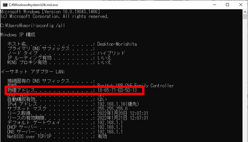 ipconfigで物理アドレスを確認する画面