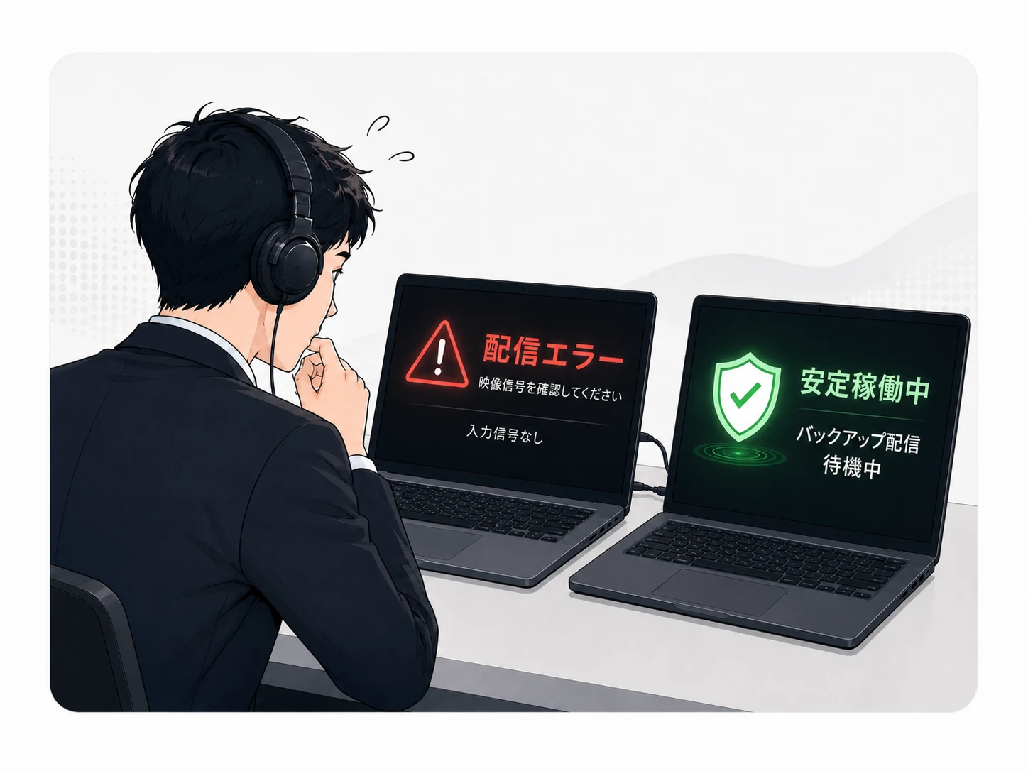 本番中のPCや機材停止に備える配信担当者のイラスト