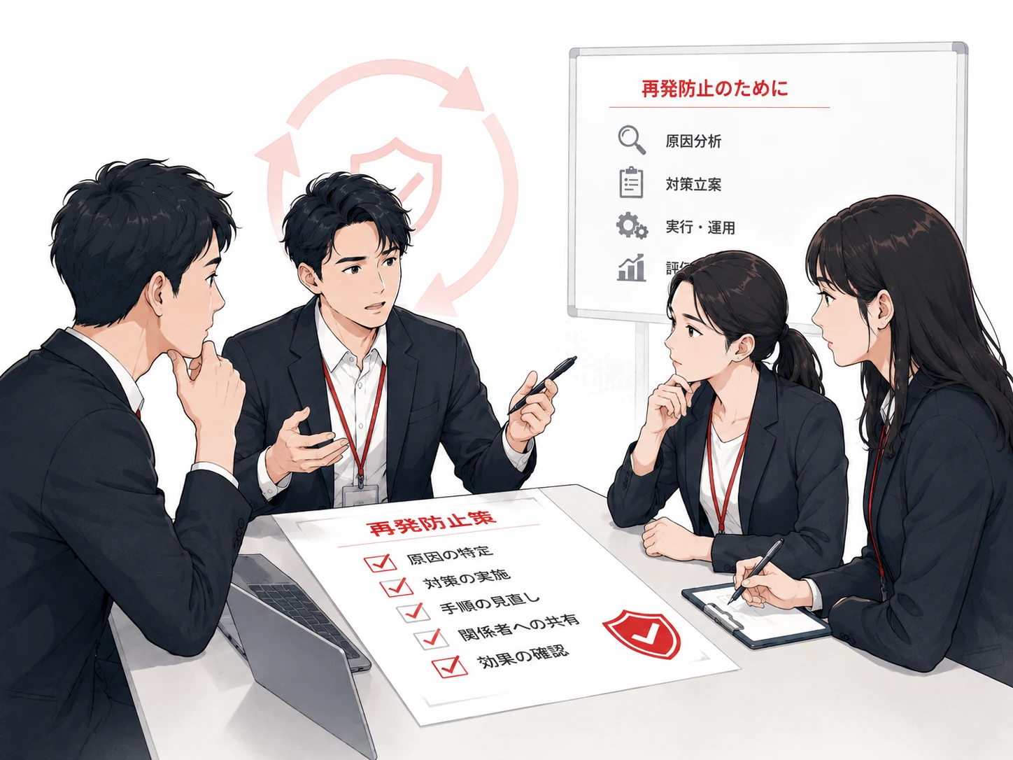 過去の配信トラブルを再発防止会議で検討するスタッフのイラスト